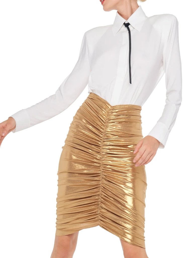 Norma Kamali Metalic Gold Shirred Skirt To Knee, Xxs